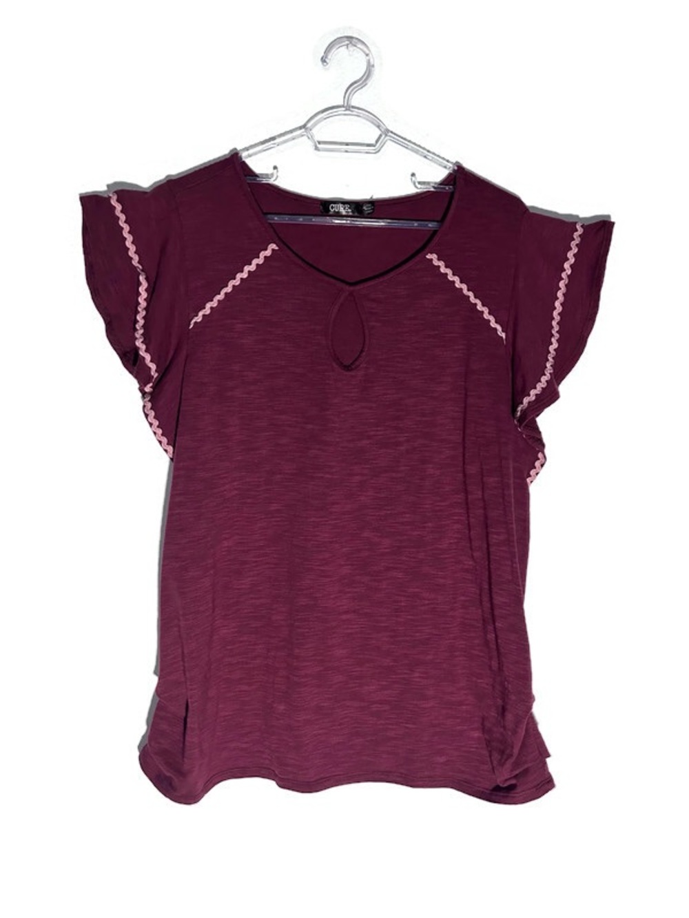 Cure. Burgundy Flutter Sleeve Ruched Hem Top Blouse Size 1X Large